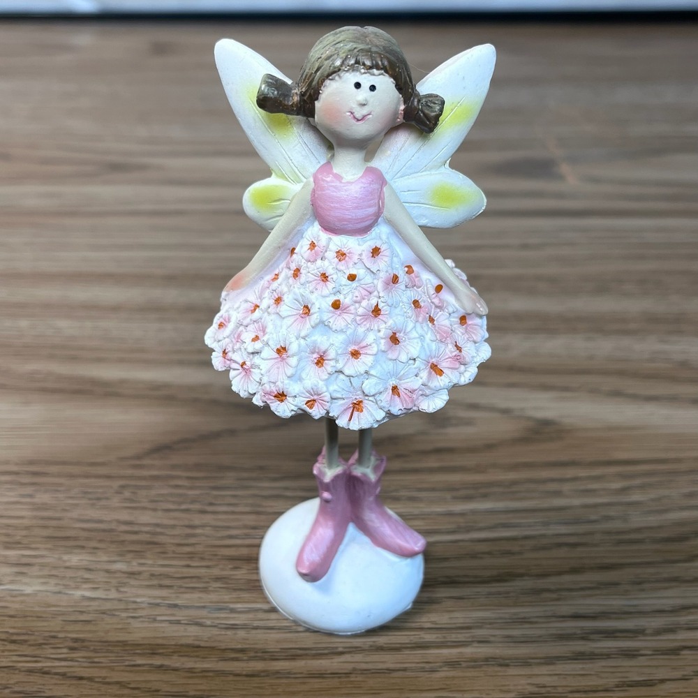 Fairy Figurine Girl Small Pink White Floral Resin Garden Statue 4.5" Good